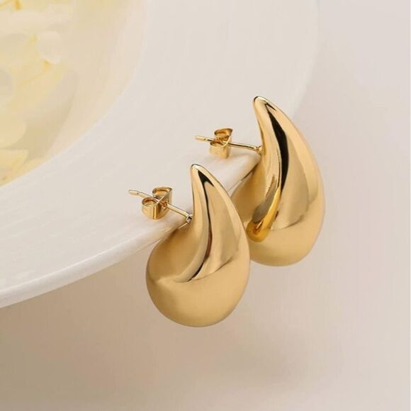 Waterdrop Earrings Teardrop Pierced Chunky Gold Plated - Picture 2 of 6